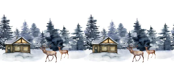 Watercolor seamless border with winter forest, deer and house. Hand painted foggy fir trees illustration isolated on white background. Christmas clip art for design, print, fabric or background. — 图库照片