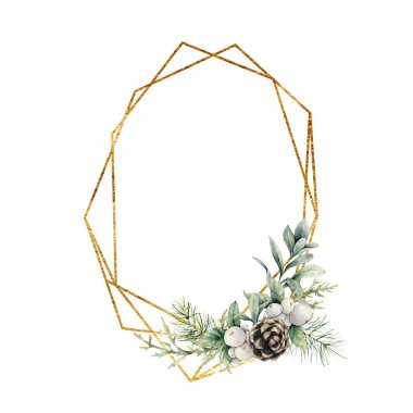 Suluboya Noel çokgen altın çerçevesi. Beyaz arka planda el yapımı köknar, kuzu kulağı, karmersini ve çam kozalağı. Etiket şablonu selamlanıyor. Tasarım, yazdırma veya arkaplan çizimi.