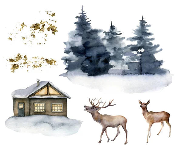 Acuarela con ciervos, casa y bosque de invierno. Ilustración navideña pintada a mano con animales y abetos aislados sobre fondo blanco. Para diseño, impresión, tela o fondo. Vida silvestre . —  Fotos de Stock