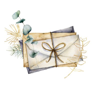 Zarflı ve altın desenli suluboya Noel kartı. El yapımı okaliptüs ve çam dalları, beyaz arka planda izole edilmiş yay. Tasarım, baskı, kumaş veya arkaplan için klasik illüstrasyon.