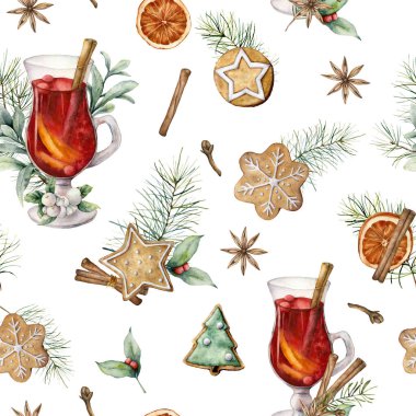 Suluboya Noel 'de şarap tereyağından kıl çeker gibi. Beyaz arka planda el yapımı tarçın, zencefilli çörek, turunçgil ve köknar dalı var. Tasarım, baskı, kumaş veya arkaplan için kış illüstrasyonu.