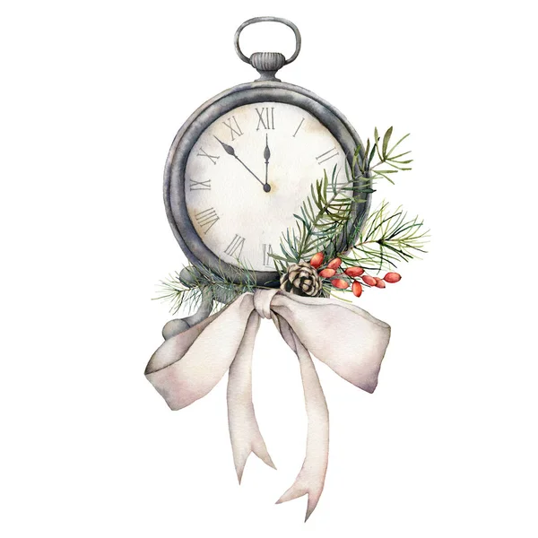 Aquarell Vintage Tischuhr mit Schleife. Weihnachten Illustration mit Tannennadeln und Beeren isoliert auf weißem Hintergrund. Fünf Minuten vor zwölf Uhr des neuen Jahres. für Design, Druck oder Hintergrund. — Stockfoto