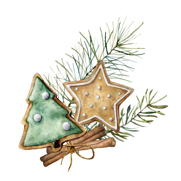 Carte de Noël aquarelle avec épice et cookie. Composition peinte à la main avec des branches de cannelle et de pin isolées sur fond blanc. Illustration alimentaire de vacances pour la conception, l'impression, le tissu, le fond . — Photo