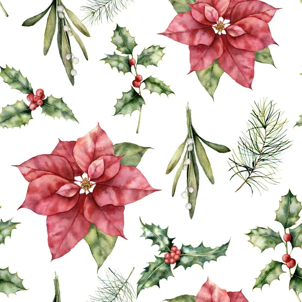 크리스마스의 물감없는 패턴 과 연휴 식물. 손으로 점 세티아, 홀리, 겨우살이, 하얀 배경에 분리 된 딸기를 그렸습니다. 디자인, 인쇄, 배경에 대한 겨울 식물학적 삽화. — 스톡 사진