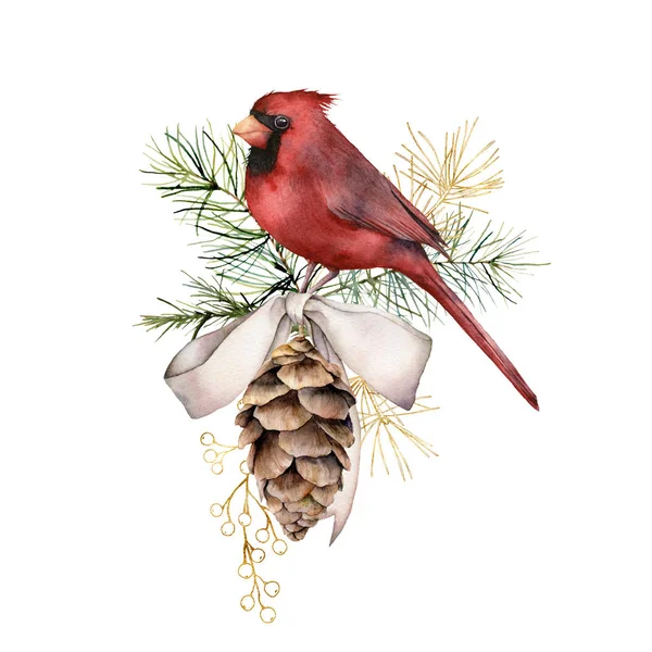 Akvarell karácsonyi arany kompozíció bíboros és íj. Kézzel festett téli kártya madár, fenyőtoboz elszigetelt fehér háttér. Ünnepi illusztráció tervezés, nyomtatás, szövet vagy háttér. — Stock Fotó