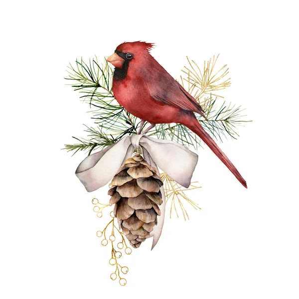 Aquarel Kerst gouden compositie met kardinaal en boog. Met de hand geschilderde winterkaart met vogel, dennenappel geïsoleerd op witte achtergrond. Vakantie illustratie voor ontwerp, print, stof of achtergrond. — Stockfoto