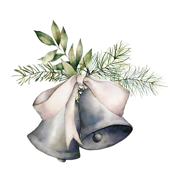 Watercolor Christmas composition with silver bow and bells. Hand painted holiday decor with fir branch isolated on white background. Vintage illustration for design, print, fabric or background. — Stock Photo, Image