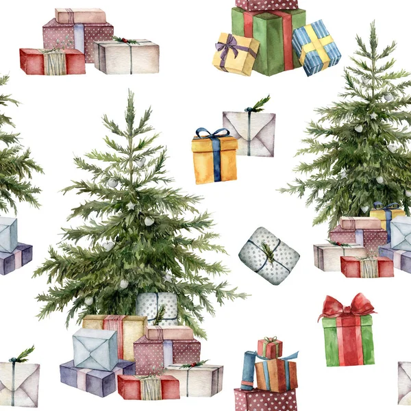 Акварель Рождественская елка бесшовный узор с праздничными символами. Разноцветные подарочные коробки ручной работы с бантами на белом фоне. Иллюстрация для дизайна, печати, ткани или фона . — стоковое фото