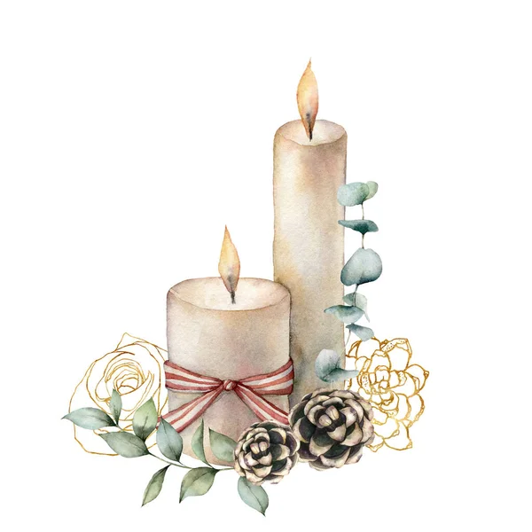 Aquarellkerzen mit goldener floraler Komposition. handbemalte Rose, Eukalyptuszweig, Tannenzapfen und Bogen isoliert auf weißem Hintergrund. Weihnachtsillustration für Design, Druck, Stoff oder Hintergrund. — Stockfoto