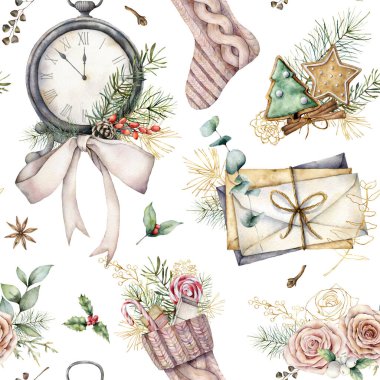 Saatli ve çoraplı suluboya Noel deseni. Beyaz arka planda el boyaması köknar dalları, zarflar ve kurabiyeler. Tasarım, baskı, kumaş veya arkaplan için tatil illüstrasyonu.