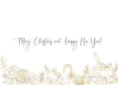 Altın çiçek desenli suluboya Noel sınırı. El boyası tatil ifadesi, beyaz arka planda gül ve çam kozalakları. Yeni yıl için şablon. Tasarım veya yazdırma için çizgi çizimi.