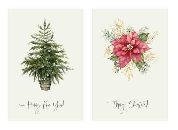 休日のフレーズと水彩クリスマス2枚のカード。白い背景に孤立したおもちゃや黄金のポインセチアの花とモミの木を手描き。デザインやプリントのための新年ラインアートイラスト. — ストック写真