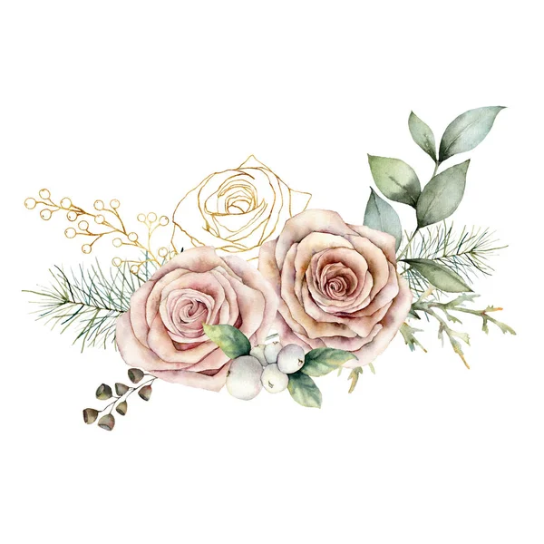 Акварельна різдвяна листівка з рожевими і золотими трояндами. Ручні розфарбовані квіткові старовинні квіти, насіння та гілки ізольовані на білому тлі. Святкова ілюстрація для дизайну, друку або фону . — стокове фото