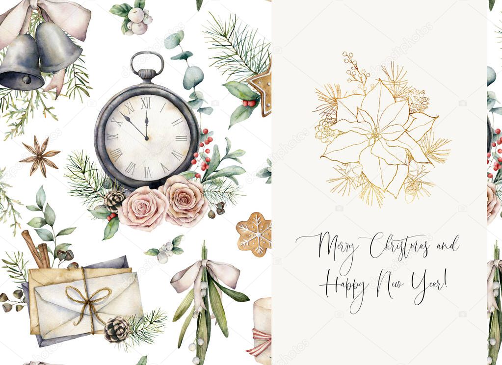 Watercolor Christmas card with golden poinsettia and clock. Hand painted holiday phrase, envelopes, bells, mistletoe and roses isolated on white background. Line art illustration for design or print.