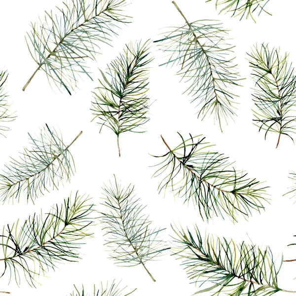 Akvarel bezešvný vzor s jedlovými větvemi. Ručně malované zimní dovolená rostliny izolované na bílém pozadí. Borovicové jehly na Vánoce. Květinová ilustrace pro design, tisk, tkaniny nebo pozadí. — Stock fotografie
