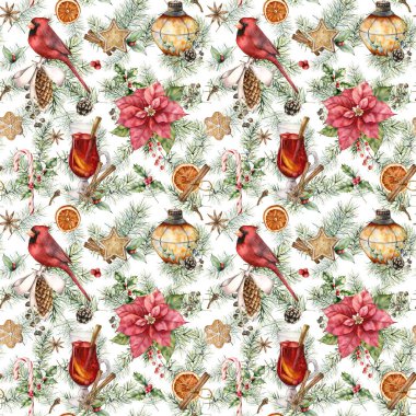 Puantiyeli ve kardinalli suluboya Noel desenli. El boyalı fener, kurabiyeler ve beyaz arka planda izole edilmiş sıcak şarap. Tasarım, baskı, kumaş veya arkaplan çizimi.
