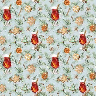 Suluboya Noel aralıksız ve sıcak şaraplı. Elle boyanmış tarçın, zencefilli çörek ve mavi arka planda izole edilmiş köknar dalı. Tasarım, baskı, kumaş veya arkaplan için kış illüstrasyonu.