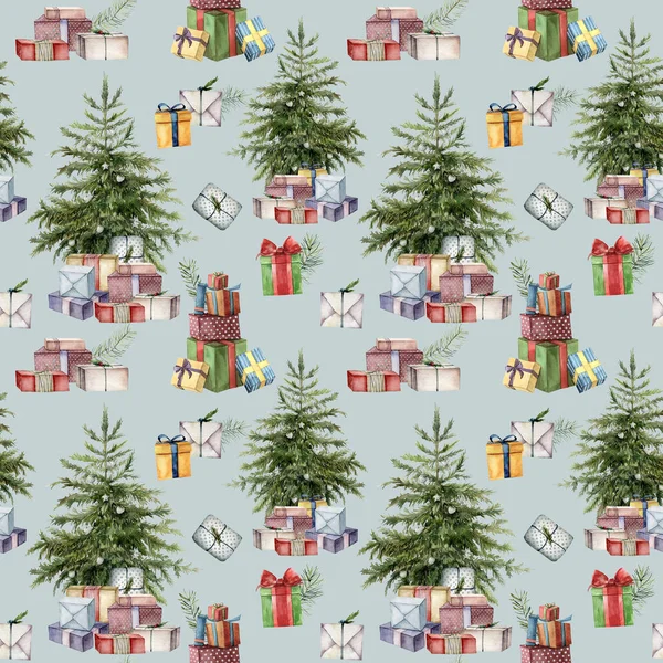 Акварель Рождественская елка бесшовный узор с символами праздника. Разноцветные подарочные коробки ручной работы с бантами на синем фоне. Иллюстрация для дизайна, печати, ткани или фона . — стоковое фото