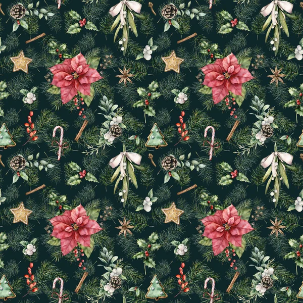 Watercolor Christmas floral seamless pattern for holiday. Hand painted poinsettia, mistletoe, holly and bow isolated on black background. Winter illustration for design, print, fabric or background. — Stock Photo, Image