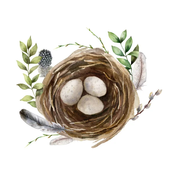 Carte de Pâques aquarelle avec nid d'oiseaux et branche. Nid de printemps peint à la main avec œufs, plumes et saule isolés sur fond blanc. Illustration animalière de vacances pour la conception, l'impression ou le fond . — Photo