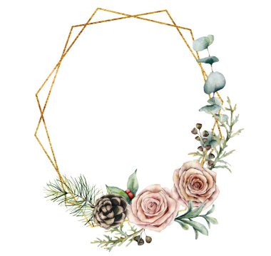 Çiçekli suluboya Noel çokgen çerçevesi. El boyası gül, kozalak ve beyaz arka planda izole dallar. Etiket şablonu selamlanıyor. Tasarım, baskı veya arkaplan için çiçek illüstrasyonu.