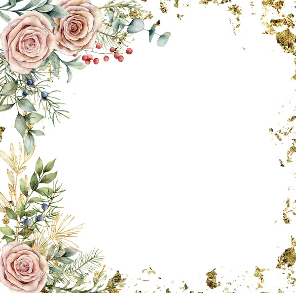 Aquarel kerstkaart met gouden planten en bloemen. Handbeschilderd frame met bes, spar, eucalyptus en rozen geïsoleerd op witte achtergrond. Bloemen illustratie voor ontwerp, print of achtergrond. — Stockfoto