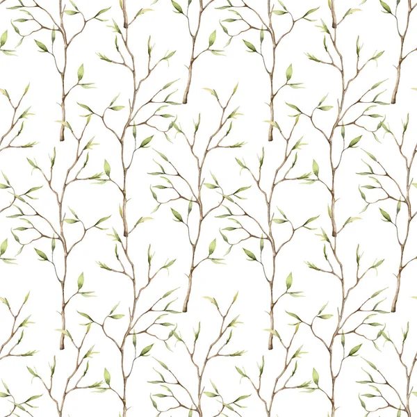 Akvarell våren sömlöst mönster med grenar för påsk. Handmålade träd grenar och knoppar isolerade på vit bakgrund. Blommig illustration för design, tryck, tyg eller bakgrund. — Stockfoto