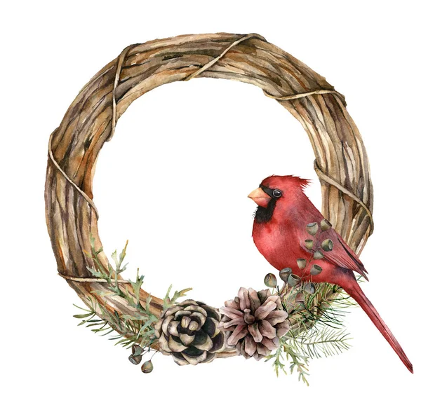 Couronne de Noël aquarelle avec cardinal rouge et cônes de pin. branches de sapin peintes à la main, graines et conifères isolés sur fond blanc. Symbole de vacances pour la conception, l'impression ou le fond . — Photo