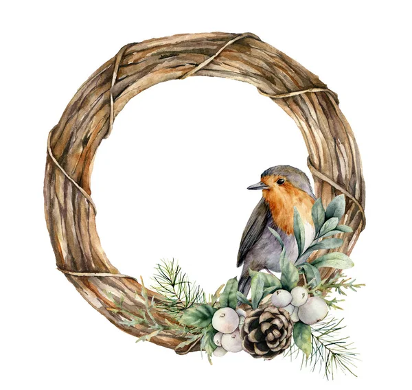 Robin ve kozalaklı suluboya Noel çelengi. El boyaması kuş, köknar dalları, böğürtlen ve kozalaklı ağaçlar beyaz arka planda izole edilmiş. Tasarım, baskı veya arkaplan için tatil yaban hayatı sembolü. — Stok fotoğraf