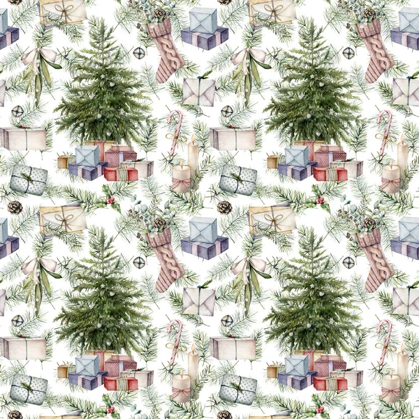 Watercolor Christmas seamless pattern with symbols for holiday. Hand painted multicolored gift boxes, fir tree, sock isolated on white background. Illustration for design, print, fabric or background. — Stock Photo, Image