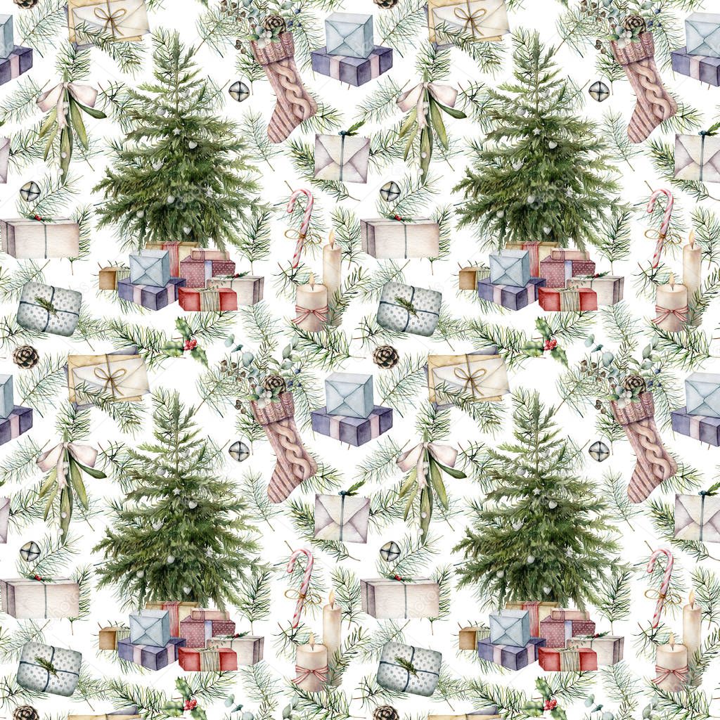 Watercolor Christmas seamless pattern with symbols for holiday. Hand painted multicolored gift boxes, fir tree, sock isolated on white background. Illustration for design, print, fabric or background.