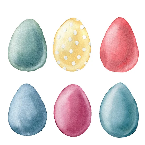 Paskalya yumurtaları suluboya. Puantiyeli parlak yumurtalar. Beyaz arka planda izole tatil illüstrasyonu. Tasarım, baskı, kumaş veya arkaplan için geleneksel semboller.