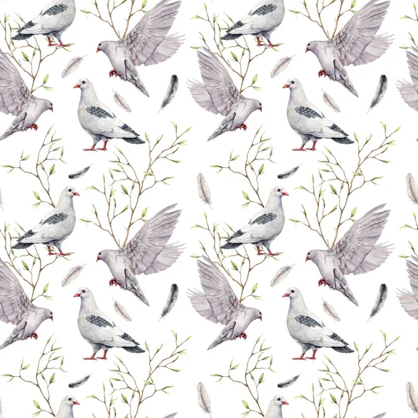 Beyaz güvercin ve dalla suluboya desenli. Elle boyanmış güvercin kuşu ve beyaz arka planda izole bırakılmış. Tasarım, baskı, kumaş veya arkaplan için Paskalya illüstrasyonu. Bahar kuşu.