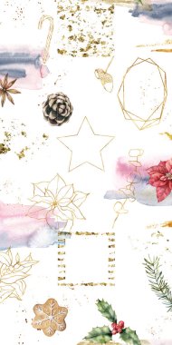 Design backgrounds for social media banner with Christmas symbols, textures and plants. Poinsettia, cookies, star set of Instagram post frame templates. Mockup for beauty blog. Layout for promotion. clipart