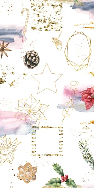 Tervezzen hátteret a közösségi média banner karácsonyi szimbólumokkal, textúrák és növények. Poinsettia, cookie-k, Instagram post frame sablonok sztárkészlete. Mockup a szépségbloghoz. Előléptetésre vonatkozó elrendezés. — Stock Fotó