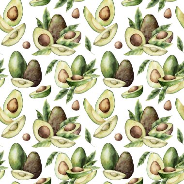 Avokado, dilimler ve yapraklarla suluboya yaz desenli. Beyaz arka planda izole edilmiş el yapımı tropik meyveler. Tasarım, baskı, kumaş veya arkaplan için çiçekli zarif illüstrasyon.