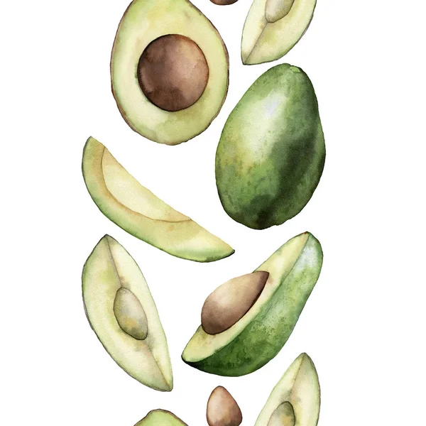 Vattenfärg sömlös gräns med sommar avokado och skivor. Handmålade tropiska frukter sammansättning isolerad på vit bakgrund. Blommig elegant illustration för design, tryck, tyg eller bakgrund. — Stockfoto