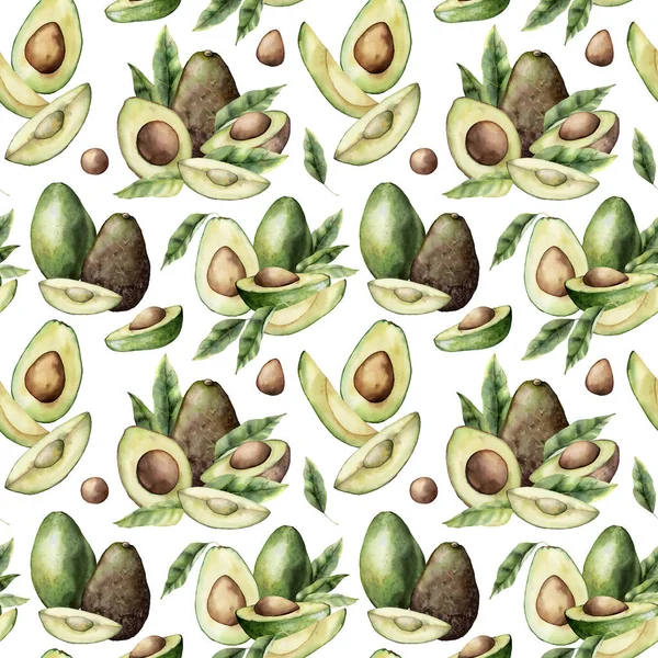 Aquarel zomer naadloos patroon met avocado, plakjes en bladeren. Met de hand geschilderde tropische vruchten geïsoleerd op witte achtergrond. Floral elegante illustratie voor ontwerp, print, stof of achtergrond. — Stockfoto