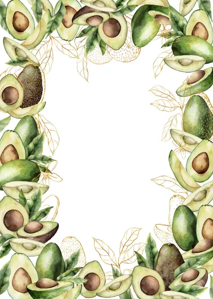 Akvarell sommarram med linjär avokado och blad. Handmålat tropiskt kort med gyllene frukter isolerad på vit bakgrund. Blommig elegant illustration för design, tryck, tyg eller bakgrund. — Stockfoto