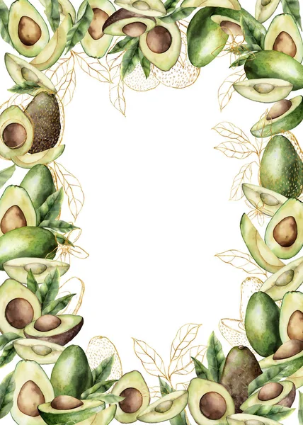 Cornice estiva ad acquerello con avocado lineare e foglie. Carta tropicale dipinta a mano con frutti dorati isolati su sfondo bianco. Illustrazione floreale elegante per design, stampa, tessuto o sfondo . — Foto Stock