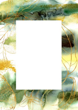 Doğrusal avokado ve yeşil desenli suluboya kart. Beyaz arka planda izole edilmiş altın meyveli el boyalı kart. Tasarım, baskı, kumaş veya arkaplan için çiçek çizimi.