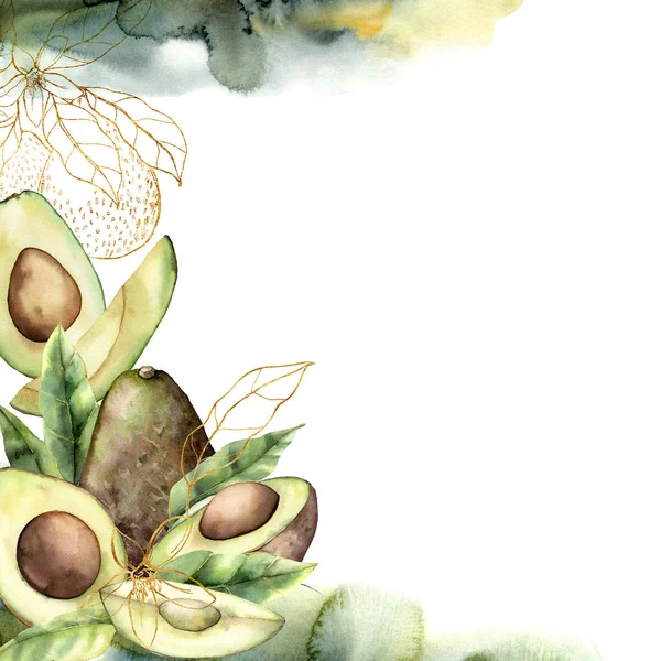 Cadre aquarelle avec avocat linéaire et feuilles. Carte tropicale peinte à la main avec des fruits isolés sur fond blanc. Illustration florale élégante pour design, impression, tissu ou fond . — Photo