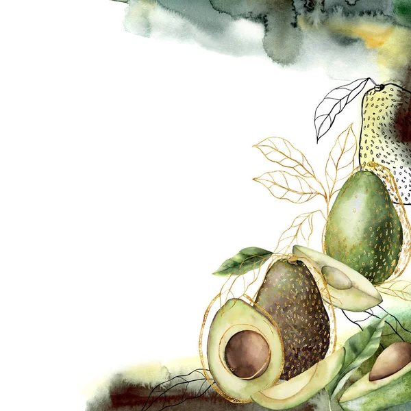 Carta floreale acquerello con foglie lineari e avocado. Cornice tropicale dipinta a mano con frutti isolati su sfondo bianco. Elegante illustrazione per design, stampa, tessuto o sfondo . — Foto Stock