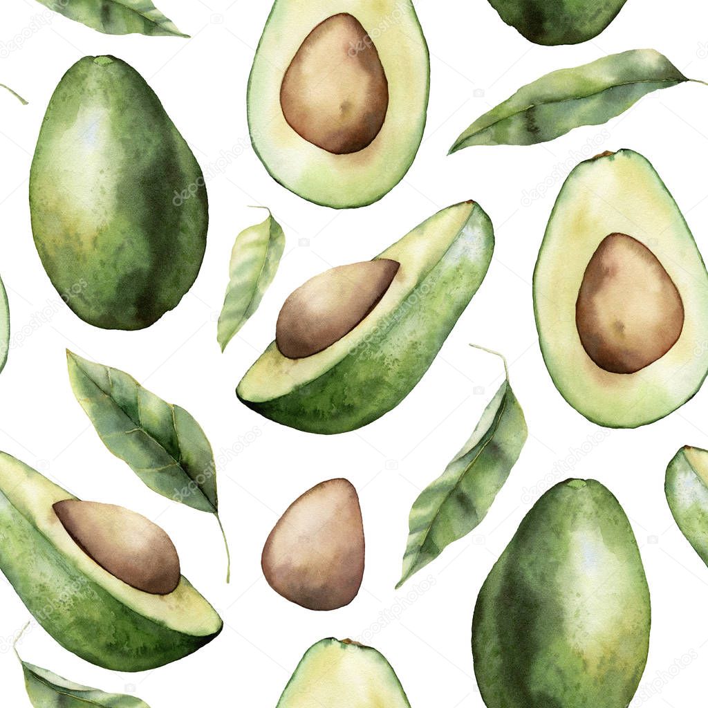 Watercolor seamless pattern with avocado, leaves and slices. Hand painted tropical fruits isolated on white background. Floral elegant illustration for design, print, fabric or background.