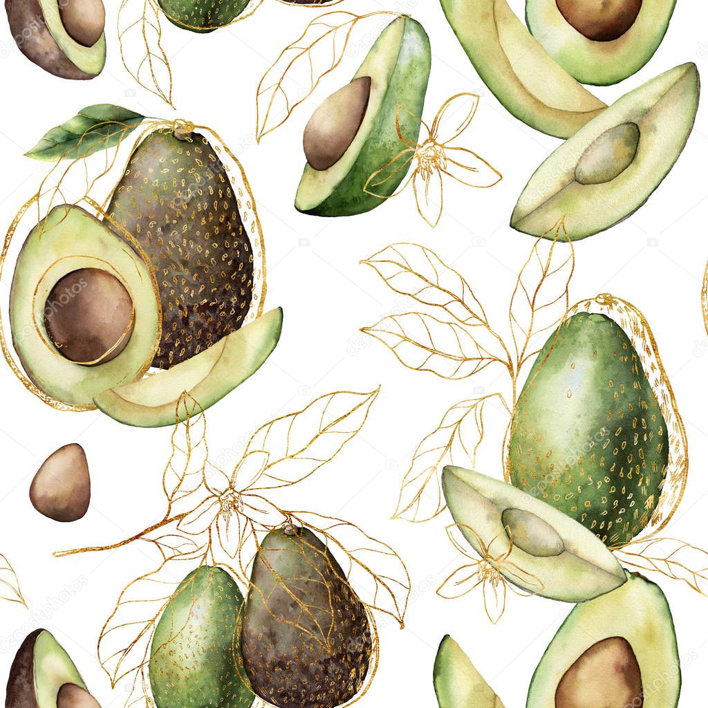 Watercolor golden seamless pattern with linear avocado and leaves. Hand painted tropical summer fruits isolated on white background. Floral elegant illustration for design, print, fabric, background.