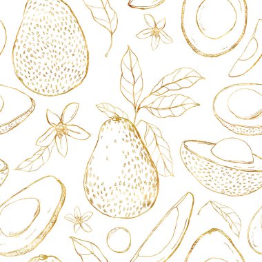 Altın avokado, yapraklar ve çiçeklerle suluboya, dikişsiz desen. El boyası sanat meyveleri beyaz arka planda izole edilmiş. Tasarım, baskı, kumaş veya arkaplan için çiçek çizimi.