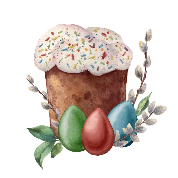 Watercolor Easter cake with eggs. Hand painted color eggs, pussy willow branch, leaves and Easter cake isolated on white background. Holiday illustration for design, print, fabric or background. — Stock Photo, Image