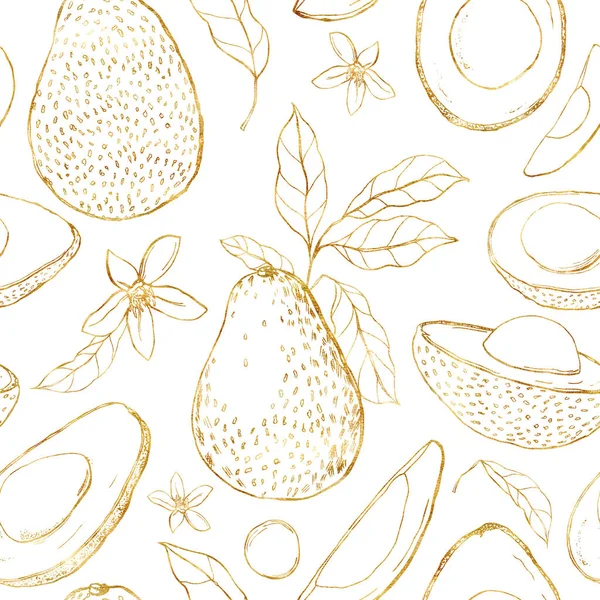 Akvarell tropiskt sömlöst mönster med gyllene avokado, blad och blommor. Handmålade linje konst frukt isolerad på vit bakgrund. Blommig illustration för design, tryck, tyg eller bakgrund. — Stockfoto