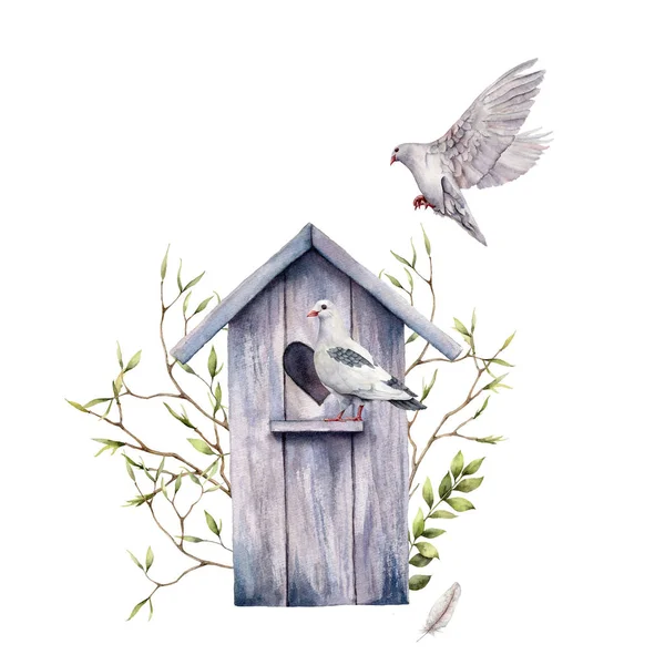 Illustrazione acquerello primavera con birdhouse e piccioni. Scatola di nidificazione in legno, rami d'albero, piume, scena di uccelli isolata su sfondo bianco. Modello di biglietto di auguri pasquale . — Foto Stock