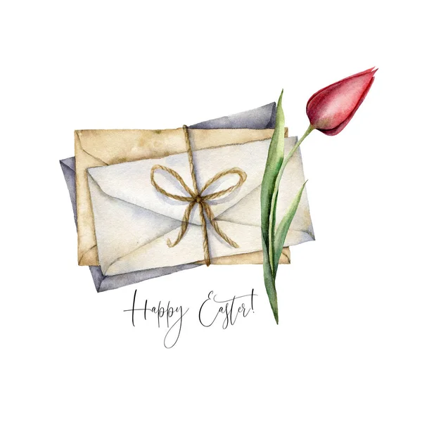 Watercolor Happy easter card with envelopes and flower. Hand painted minimalistic design with red tulip isolated on white background. Vintage illustration for print, fabric or background. — Stock Photo, Image